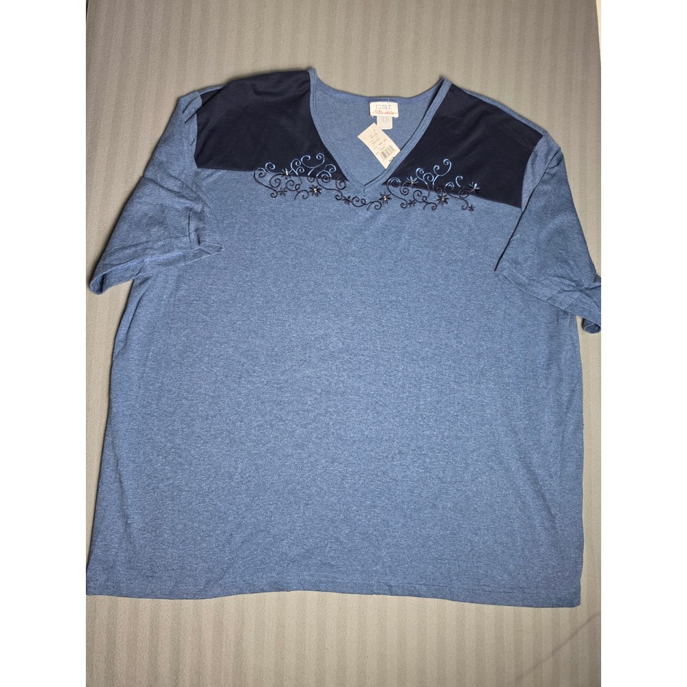 C.S.T. Studio Vintage 90s Deadstock Blue Embroidered V-Neck Top 4X USA Made